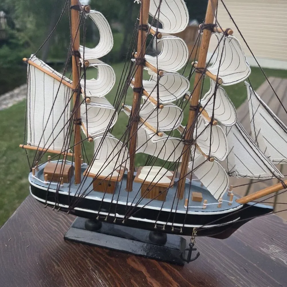 VTG Belem Sailboat Model Wood Cloth Sails Black White Desktop Display
